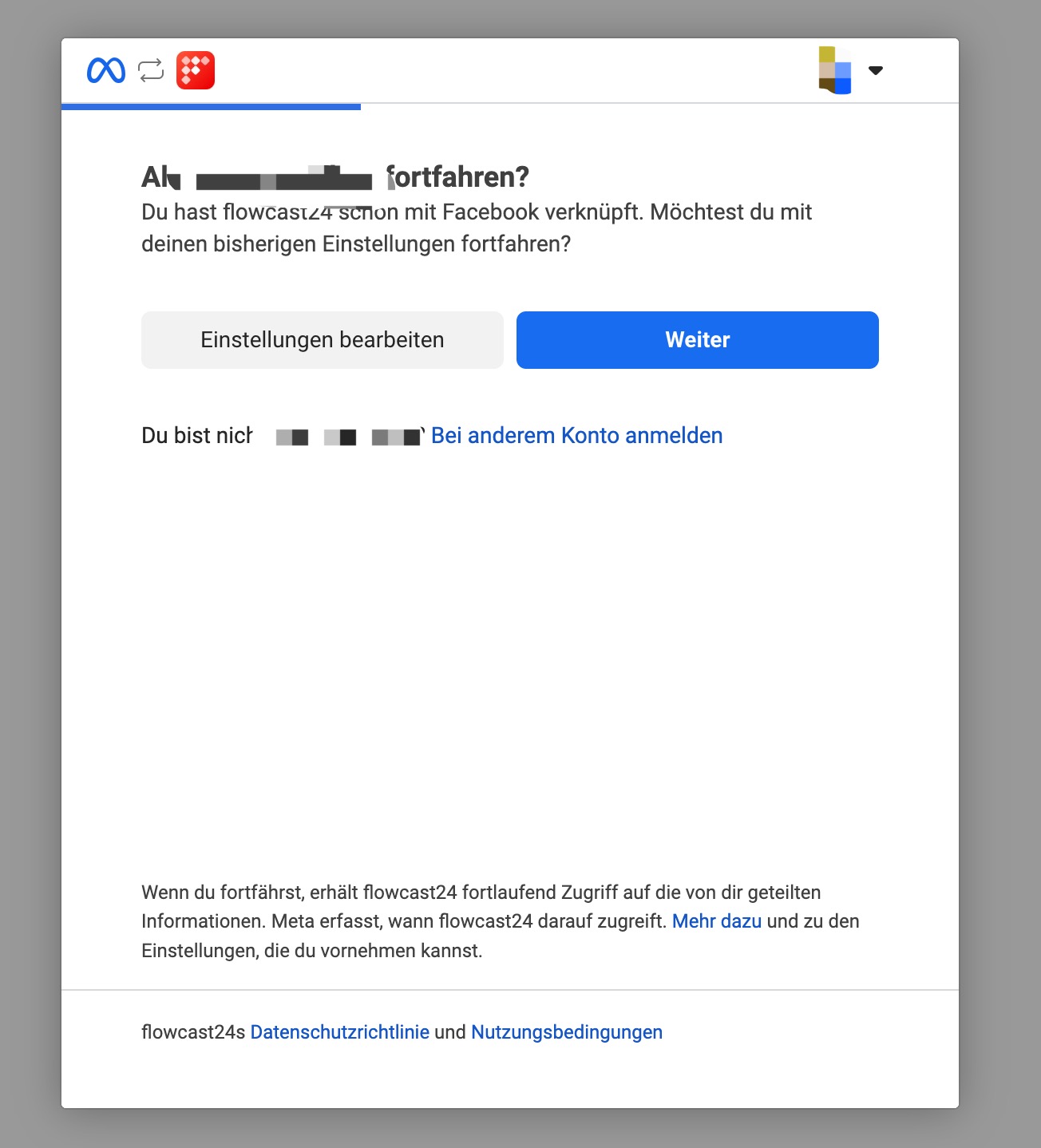 Screenshot des Facebook-Autorisierungsschritts