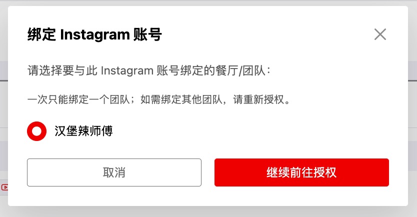 Screenshot of the Instagram company selection dialog