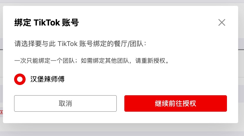 Screenshot of the TikTok company selection dialog
